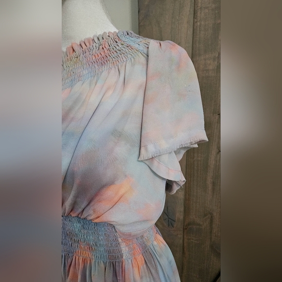 SKYLAR + MADISON Pastel Watercolor Chiffon One Shoulder Mini Dress. Blue/pink. M - Picture 9 of 14